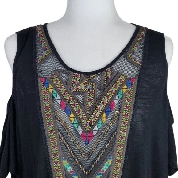 Free People Gypsy Spell Black Embroidered Cold Shoulder Tunic - Picture 4 of 8